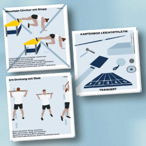 Mockup der Kartenbox für die Disziplinen in der Leichtathletik. Zu sehen sind die Übungen Mountain Climber mit Stopp und 3/4 Drehung mit Stab. Auf der Rückseite diverse Geräte für die Disziplinen der Leichtathletik.