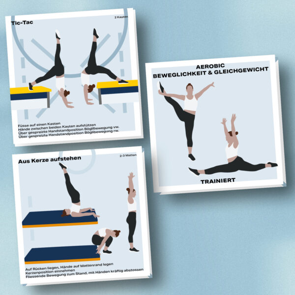 Mockup des Kartensets Beweglichkeit und Gleichgewicht für die Disziplin Aerobic. Zu sehen sind die zwei Übungen Tic Tac und aus Kerze aufstehen.
