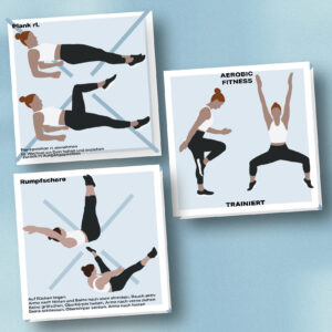 Mockup des Kartensets Fitness für die Disziplin Aerobic. Zu sehen sind die zwei Übungen Plank rücklings und Rumpfschere.