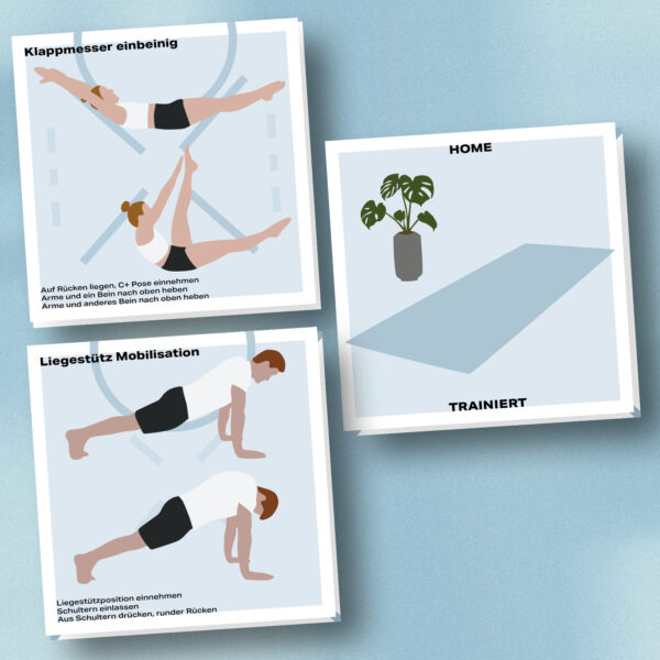 Mockup des Kartensets Home von TRAINIERT. Zu sehen sind die zwei Übungen Klappmesser einbeinig und Liegestütz Mobilisation.