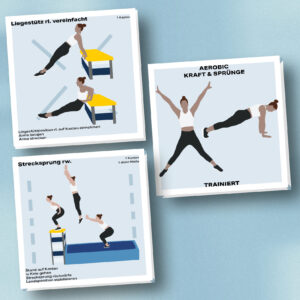 Mockup des Kartensets Kraft und Sprünge für die Disziplin Aerobic. Zu sehen sind die zwei Übungen Liegestütz rücklings und Strecksprung rückwärts.