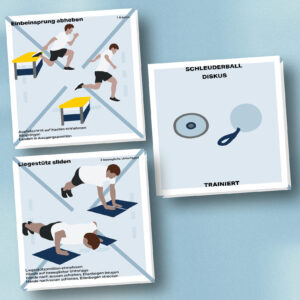 Mockup des Kartensets für die Disziplinen Schleuderball und Diskus in der Leichtathletik. Zu sehen sind die zwei Übungen Einbeinsprung abheben und Liegestütz sliden. Auf der Rückseite eine Abbildung eines Diskus und Schleuderballs.