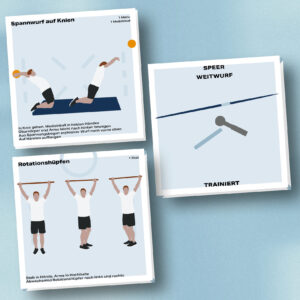 Mockup des Kartensets für die Disziplinen Speer und Weitwurf in der Leichtathletik. Zu sehen sind die zwei Übungen Spannwurf auf Knien und Rotationshüpfen. Auf der Rückseite eine Abbildung eines Speers und Wurfkörpers.