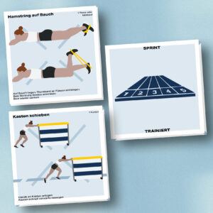 Mockup des Kartensets für die Disziplin Spring in der Leichtathletik. Zu sehen sind die zwei Übungen Hamstring auf Bauch und Kasten schieben. Auf der Rückseite eine Abbildung eines Sprint-Anlage.